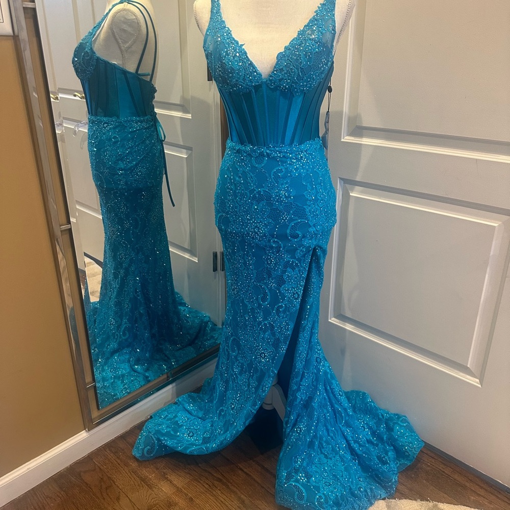Sherri Hill Blue Plunge Neck Prom Gown